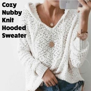 Cozy Nubby Knit Hooded White Sweater